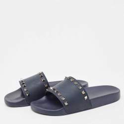 Valentino Dark Blue Rubber Rockstud Pool Slide Flats Size 40