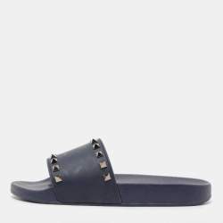 Valentino Dark Blue Rubber Rockstud Pool Slide Flats Size 40