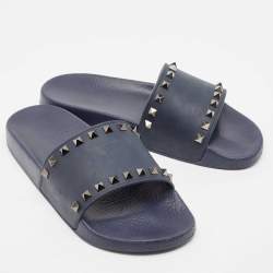 Valentino Dark Blue Rubber Rockstud Pool Slide Flats Size 40