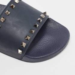 Valentino Dark Blue Rubber Rockstud Pool Slide Flats Size 40