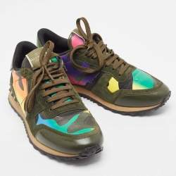 Pre Owned Valentino Multicolor Camo Print Leather and Suede Rockrunner Sneakers Size 41