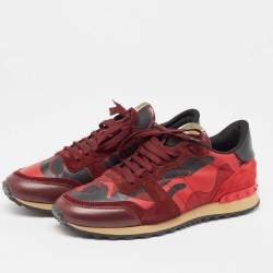 Pre Owned Valentino Red Camouflage Leather,Canvas and Suede Rockrunner Sneakers Size 43