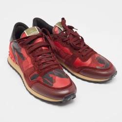 Pre Owned Valentino Red Camouflage Leather,Canvas and Suede Rockrunner Sneakers Size 43