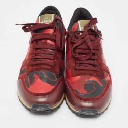 Pre Owned Valentino Red Camouflage Leather,Canvas and Suede Rockrunner Sneakers Size 43