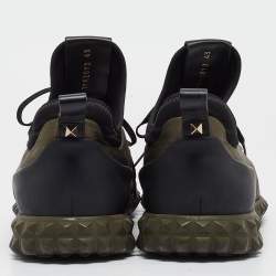 Pre Owned Valentino Olive Green/Black Satin and Rubber Rockstud Low Top Sneakers Size 43