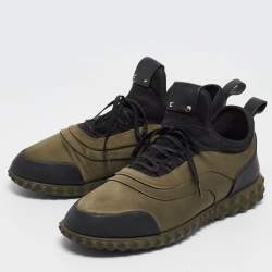 Pre Owned Valentino Olive Green/Black Satin and Rubber Rockstud Low Top Sneakers Size 43