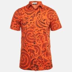 Pre Owned Versace Collection Orange Printed Cotton Trend Shirt S
