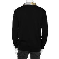 Versace Collection Black Knit & Baroque Printed Silk Paneled Button Front Pullover L