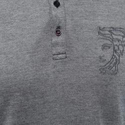 Versace Collection Grey Logo Embroidered Cotton Contrast Trim Polo T-Shirt S