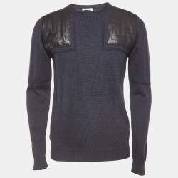 Versace Collection Navy Blue Wool Leather Trimmed Jumper L