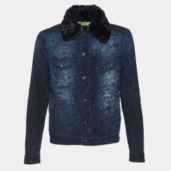 Versace Jeans Blue Jacquard Denim Detachable Fur Collar Jacket XL