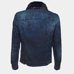 Versace Jeans Blue Jacquard Denim Detachable Fur Collar Jacket XL