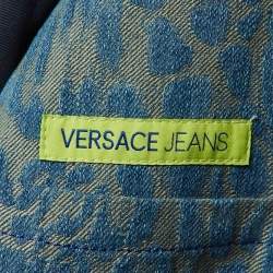 Versace Jeans Blue Leopard Pattern Denim Fur Trim Jacket M