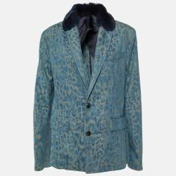 Versace Jeans Blue Leopard Pattern Denim Fur Trim Jacket M