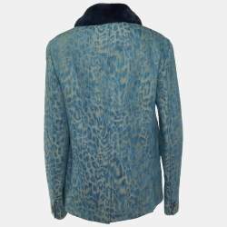 Versace Jeans Blue Leopard Pattern Denim Fur Trim Jacket M