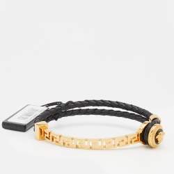 Pre Owned Versace Black Braided Leather Gold Tone Medusa Bracelet
