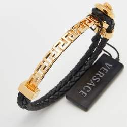 Pre Owned Versace Black Braided Leather Gold Tone Medusa Bracelet
