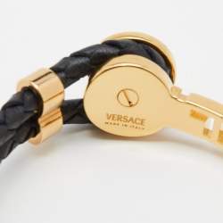 Pre Owned Versace Black Braided Leather Gold Tone Medusa Bracelet
