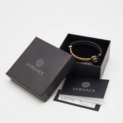 Pre Owned Versace Black Braided Leather Gold Tone Medusa Bracelet
