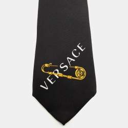 Pre Owned Versace Black & Pink Safety Pin Printed Silk Skinny Tie