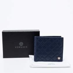 Versace Blue Greca Embossed Leather Bifold Wallet