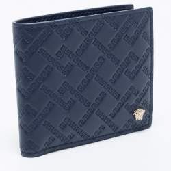 Versace Blue Greca Embossed Leather Bifold Wallet
