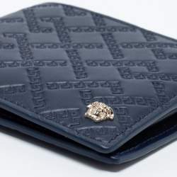 Versace Blue Greca Embossed Leather Bifold Wallet