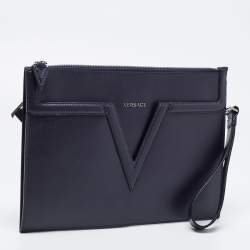 Versace Navy Blue Leather V Logo Wristlet Pouch