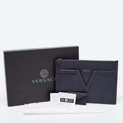 Versace Navy Blue Leather V Logo Wristlet Pouch