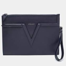 Versace Navy Blue Leather V Logo Wristlet Pouch