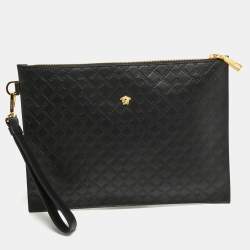 Versace Black Monogram Embossed Leather Medusa Zip Pouch
