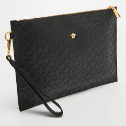 Versace Black Monogram Embossed Leather Medusa Zip Pouch
