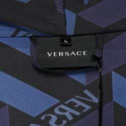 Versace Blue/Black Geometric Print Silk Robe L