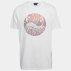 Pre Owned تي شيرت فيرساتشي جيرسية بحجر الراين الأبيض بشعار ميشيل مقاس كبير - لارج