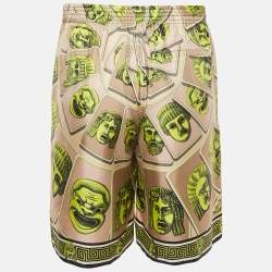 Pre Owned Versace Green Silk Le Maschere College Fit Shorts XL