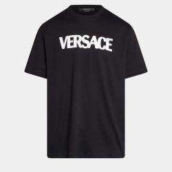 Pre Owned Versace Logo Printed Black Cotton Tshirt