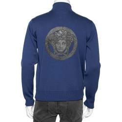 Versace Blue Wool & Leather Medusa Appliqued Zip Front Jacket S 