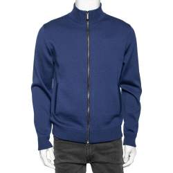 Versace Blue Wool & Leather Medusa Appliqued Zip Front Jacket S 