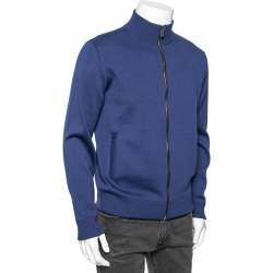 Versace Blue Wool & Leather Medusa Appliqued Zip Front Jacket S 