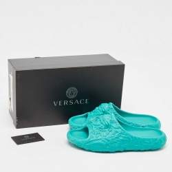 Versace Turquoise Blue Baroque Medusa Embossed Rubber Pool Slides Size 43