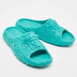 Versace Turquoise Blue Baroque Medusa Embossed Rubber Pool Slides Size 43