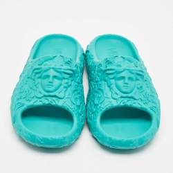 Versace Turquoise Blue Baroque Medusa Embossed Rubber Pool Slides Size 43