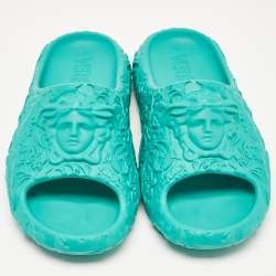 Versace Turquoise Blue Baroque Medusa Embossed Rubber Pool Slides Size 43
