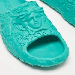 Versace Turquoise Blue Baroque Medusa Embossed Rubber Pool Slides Size 43