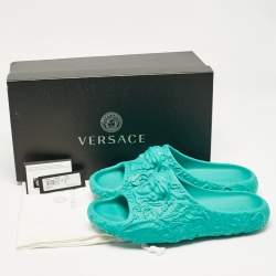 Versace Turquoise Blue Baroque Medusa Embossed Rubber Pool Slides Size 43