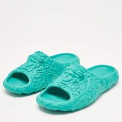 Versace Turquoise Blue Baroque Medusa Embossed Rubber Pool Slides Size 43