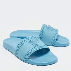 Versace Light Blue Rubber Pool Flat Slides Size 44