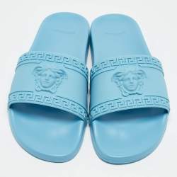 Versace Light Blue Rubber Pool Flat Slides Size 44