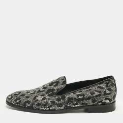 Pre Owned Versace Black/Silver Leather Crystal Embellished Slip On Loafers Size 45