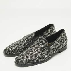 Pre Owned Versace Black/Silver Leather Crystal Embellished Slip On Loafers Size 45